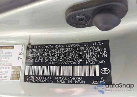 2008 Toyota Prius Standard из США, поврежденный, VIN JTDKB20U587730412